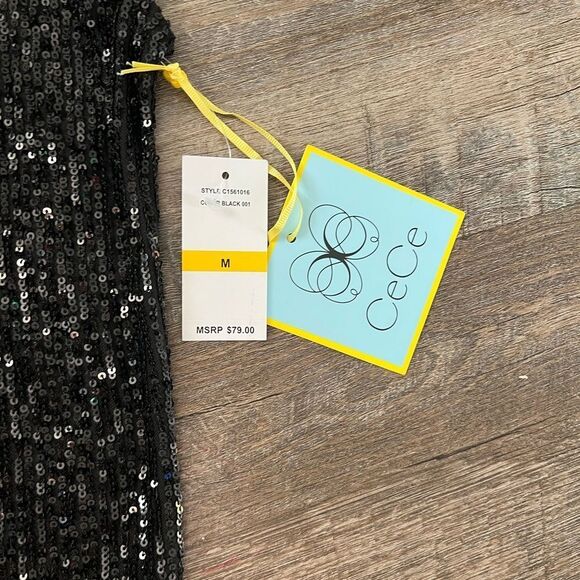 CeCe Sequined V-Neck Cap-Sleeve Black Blouse-Size Medium - Picture 4 of 7